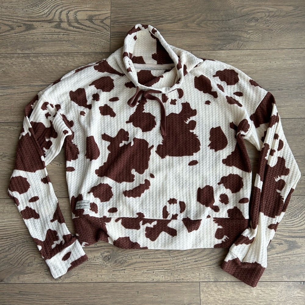 Simply Southern Cow Print Cowl Neck Waffle Sweater